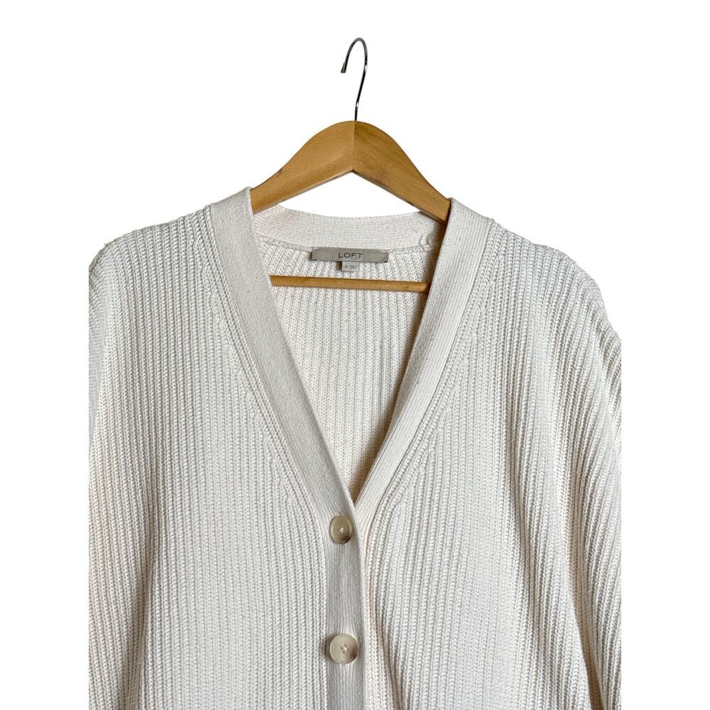 LOFT Cream Ribbed Cardigan XL Cotton Button Front Pockets Relaxed Fit EUC - Picture 4 of 8